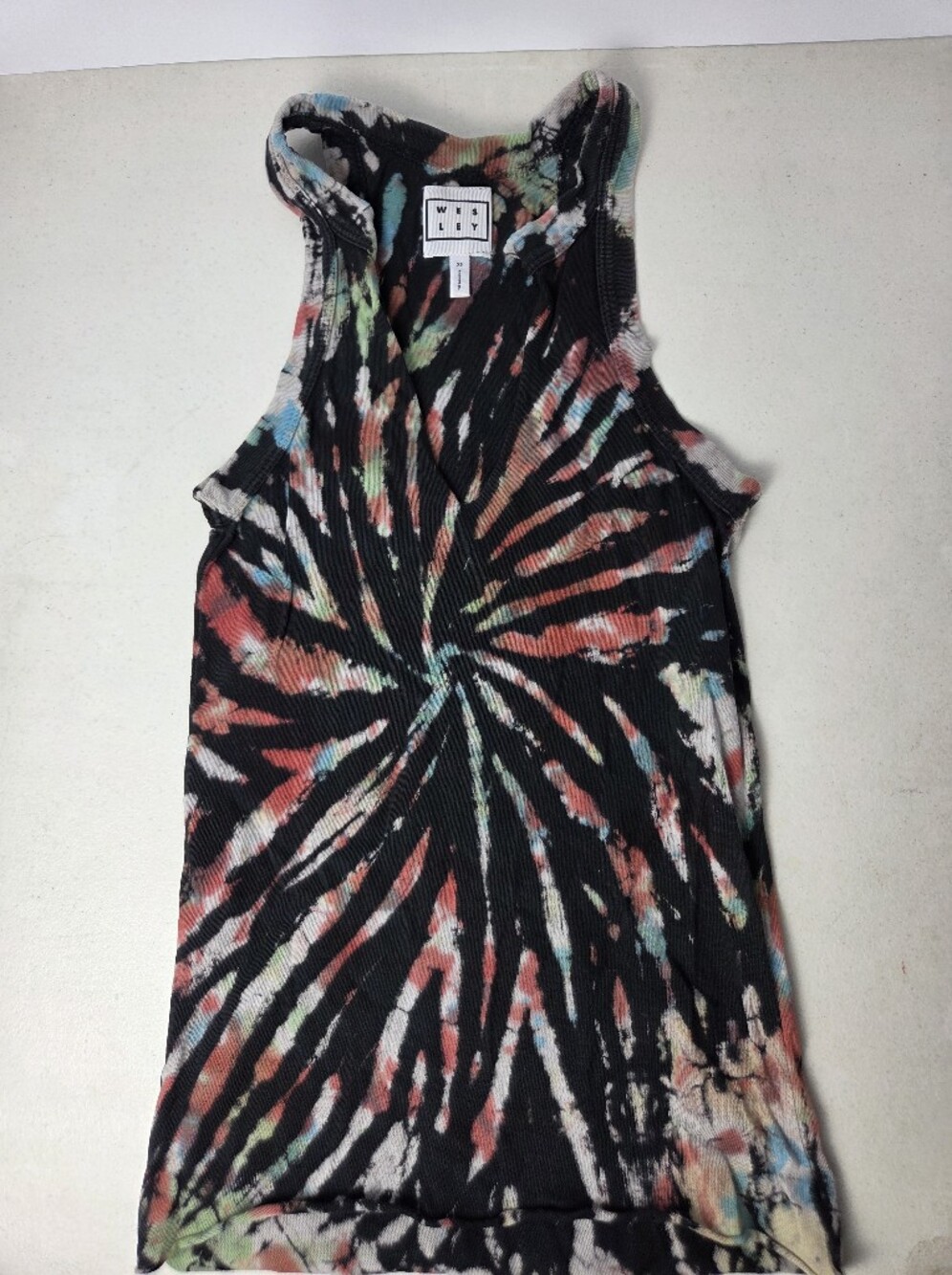 Wesley Womens XS Ribbed Black Tie-Dye Sleeveless T-Shirt Boho Tank Top USA